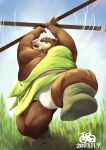  2023 anthro belly brown_body brown_fur clothing dragon_quest fur hi_res kemono male mammal moobs orc_(dragon_quest) outside overweight overweight_male satoshijoga1 solo square_enix suid suina sus_(pig) underwear weapon white_clothing white_underwear wild_boar 