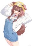  14_(vision5032) 1girl :3 :d animal_collar animal_ears arched_back bangs blue_overalls blush bone_hair_ornament braid brown_eyes brown_hair collar cowboy_shot dog_ears dog_girl dog_tail ears_through_headwear fangs hair_between_eyes hair_ornament hairclip highres hololive hood hoodie inugami_korone long_hair long_sleeves looking_at_viewer low_twin_braids low_twintails open_mouth overall_shorts overalls red_collar shorts smile solo tail twin_braids twintails virtual_youtuber white_hoodie 