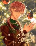  1boy blue_eyes chain_necklace christmas christmas_ornaments christmas_tree cigarette commentary_request dated ear_piercing earrings english_commentary eyes_visible_through_hair glint gold_necklace green_sweater grin hair_ornament hair_over_one_eye hair_over_shoulder hairclip hand_up highres holding holding_cigarette jewelry kanato01 lauren_iroas lens_flare long_hair long_sleeves looking_at_viewer male_focus merry_christmas mixed-language_commentary multicolored_clothes necklace nijisanji parted_bangs piercing red_eyes red_sweater ring smile solo sweater swept_bangs teeth turtleneck turtleneck_sweater two-tone_sweater upper_body virtual_youtuber 