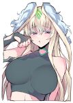  1girl black_gloves blonde_hair blush breasts character_request commentary_request fingerless_gloves gloves hair_between_eyes highres himiya_jouzu large_breasts long_hair looking_at_viewer monster_strike parted_lips simple_background solo upper_body white_background 
