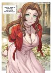  1girl aerith_gainsborough bare_shoulders bracelet braid braided_ponytail breasts brown_hair choker closed_mouth dress english_text final_fantasy final_fantasy_vii green_eyes hair_ribbon jacket jewelry large_breasts looking_at_viewer necklace paid_reward_available pink_dress pink_ribbon red_jacket redjet ribbon sidelocks smile solo speech_bubble strip_game wavy_hair 