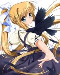  1girl air_(visual_novel) bird black_dress black_feathers blonde_hair blue_eyes blurry commentary_request commission crow depth_of_field dress expressionless eyes_visible_through_hair feathers floating_hair hair_between_eyes hair_ribbon head_tilt kamio_misuzu light_blush long_hair looking_at_animal otou_(otou_san) outstretched_arms parted_lips ponytail puffy_short_sleeves puffy_sleeves ribbon shirt short_sleeves sidelocks simple_background solo straight_hair very_long_hair white_background white_ribbon wind wind_lift yellow_shirt 