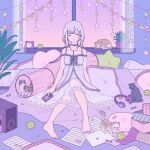  1girl absurdres bare_legs barefoot box cat clock closed_eyes dress hair_ornament headphones highres holding holding_phone indoors leaf original paper phone pillow plant potted_plant sheet_music shi_oo smile solo star_(symbol) white_dress window x_hair_ornament 