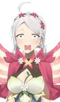  1girl absurdres ahoge blue_eyes bodystocking braid breasts capelet cleavage commission commissioner_upload dilated_pupils fairy fairy_wings fire_emblem fire_emblem_fates fire_emblem_heroes flower grey_hair hair_flower hair_ornament hairband harness highres looking_at_viewer low_twin_braids medium_breasts muricha nina_(fire_emblem) nina_(resplendent)_(fire_emblem) non-web_source official_alternate_costume open_mouth parted_bangs pink_capelet pink_flower plant solo surprised twin_braids upper_body vines white_flower wings 