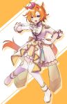  1girl amano_(amano_miko) animal_ears asymmetrical_bangs belt breasts crown dot_nose epaulettes full_body gloves hand_on_own_chest high_heels highres horse_ears horse_girl horse_tail jacket mini_crown open_mouth orange_hair purple_eyes road_of_radiance_(umamusume) short_hair skirt small_breasts smile solo t.m._opera_o_(umamusume) tail thighhighs umamusume white_footwear white_gloves white_jacket white_skirt white_thighhighs 