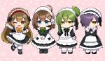  2boys 2girls ahoge apron black_dress black_footwear black_ribbon blue_eyes bow bowtie brown_eyes brown_hair chibi closed_mouth dress folded_ponytail green_bow green_bowtie green_hair hair_ornament hair_over_one_eye hairclip hod_(project_moon) juliet_sleeves library_of_ruina lineup long_hair long_sleeves looking_at_viewer maid_headdress malkuth_(project_moon) mikoto0x0 multiple_boys multiple_girls neck_ribbon netzach_(project_moon) orange_bow orange_bowtie pantyhose project_moon puffy_sleeves purple_hair ribbon shoes smile very_long_hair white_apron white_pantyhose yellow_eyes yesod_(project_moon) 