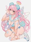  1girl angel_wings animal_ears aqua_bra aqua_choker aqua_eyes aqua_headwear aqua_nails aqua_panties bandaid bandaid_on_arm bandaid_on_knee bandaid_on_leg bandaid_on_wing bear_ears bear_tail blue_bow blue_bracelet bow bow_bra bra breasts claw_pose crossed_bandaids curly_hair doughnut fang fingernails food frilled_sailor_collar frills hair_between_eyes hair_bow halo heart highres large_breasts leg_warmers legs lingerie long_bangs long_hair looking_at_viewer miyako_(xxxbibit) nail_polish open_mouth original panties pink_doughnut pink_hair plaid_headwear raised_eyebrows ribbed_socks sailor_collar shoes simple_background sitting skin_fang sneakers socks solo star_ornament tail thigh_strap thighs underwear wariza white_background white_footwear white_sailor_collar white_socks white_wings wings 