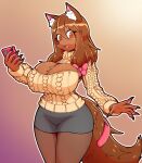  abstract_background accessory angel_(lightsource) anthro big_breasts bottomwear bow_ribbon breasts brown_body brown_eyes brown_fur brown_hair canid canine canis cellphone claws cleavage cleavage_cutout clothed clothing domestic_dog female fingernails fur furgonomics hair hair_accessory hair_bow hair_ribbon hi_res holding_cellphone holding_object holding_phone huge_breasts inner_ear_fluff long_fingernails looking_at_viewer mammal masked-agent nails open_mouth pawpads phone ribbons skirt solo surprise sweater tail tail_accessory tailband topwear tuft turtleneck 