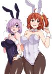  2girls :d ahoge animal_ears black_bow black_bowtie black_leotard bow bowtie breasts cleavage collarbone covered_navel cowboy_shot detached_collar fake_animal_ears fate/grand_order fate_(series) fujimaru_ritsuka_(female) glasses hair_ornament hair_over_one_eye hair_scrunchie hand_up hands_on_own_chest hands_up haruhisky highres large_breasts leotard light_purple_hair mash_kyrielight multiple_girls one_side_up open_mouth orange_eyes orange_hair purple_eyes purple_hair rabbit_ears scrunchie short_hair side_ponytail simple_background smile sparkle standing white_background white_bow white_bowtie white_leotard wrist_cuffs yellow_scrunchie 