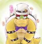  2023 anthro biped blush bow_tie bowser clothing hat headgear headwear hi_res japanese_text kemono koopa mario_bros nintendo scalie slightly_chubby snow_utamaru solo text the_super_mario_bros_movie 