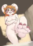  blonde_hair feet female foot_focus freckles fuairy_(pholewd) hair humanoid mammal mouse murid murine pholewd red_eyes rodent smelly smelly_feet smile solo 