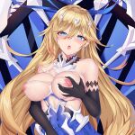  1girl bare_shoulders bianka_durandal_ataegina blonde_hair blue_eyes breasts dress earrings elbow_gloves feng_mouren gloves grabbing_own_breast hair_between_eyes hair_ornament heart heart-shaped_pupils honkai_(series) honkai_impact_3rd jewelry lactation large_breasts long_hair lying nipples on_back open_mouth pink_pupils solo suggestive_fluid symbol-shaped_pupils torn_clothes torn_dress upper_body 