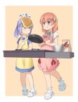 2girls animal_slippers apron blue_dress blue_eyes blue_hair blush bobby_socks border bunny_slippers closed_mouth collared_dress collared_shirt commentary_request cooking dress flour food food_on_head frilled_apron frilled_socks frills frying_pan full_body gochuumon_wa_usagi_desu_ka? hair_between_eyes hair_ornament hairclip highres holding holding_frying_pan holding_spatula hoto_cocoa kafuu_chino light_blue_hair long_hair looking_at_another mixing_bowl mohei multiple_girls object_on_head orange_hair pancake pink_apron ponytail purple_eyes red_ribbon ribbon shirt short_hair short_sleeves sidelocks simple_background slippers smug socks spatula standing standing_on_one_leg stove white_border white_footwear white_shirt white_socks x_hair_ornament yellow_apron yellow_background 