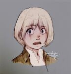  1boy armin_arlert blonde_hair blue_eyes bowl_cut commentary_request grey_background hatching_(texture) highres linear_hatching male_focus medium_bangs open_mouth popped_collar sayo_nara_drawing shingeki_no_kyojin simple_background solo straight-on teeth upper_body upper_teeth_only wavy_eyes wide-eyed 