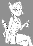  2023 4_fingers anthro arm_support belt bent_arm big_breasts big_eyes biped bottle bottomwear breasts cigarette cigarette_smoke cleavage clothed clothed_anthro clothed_female clothing collarbone container cooch_(supermansion) crop_top crossed_legs curved_eyebrows digital_drawing_(artwork) digital_media_(artwork) domestic_cat ear_piercing ear_ring extended_arm eyebrows eyelashes felid feline felis female fingers fully_clothed gold-white-kott grey_background greyscale hair hi_res holding_bottle holding_cigarette holding_container holding_object humanoid_hands iris long_eyelashes looking_at_viewer mammal markings midriff monochrome mouth_closed navel no_pupils outline piercing portrait prick_ears ring_piercing shirt short_hair shorts side_cut simple_background sitting smoke solo striped_markings striped_tail stripes supermansion tail tail_markings thick_thighs three-quarter_portrait three-quarter_view topwear white_outline 