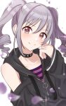  1girl black_choker black_jacket blurry blurry_foreground blush choker collarbone commentary_request drill_hair grey_hair hand_up highres hood hooded_jacket idolmaster idolmaster_cinderella_girls jacket kamizurucosmo kanzaki_ranko long_hair long_sleeves looking_at_viewer petals purple_shirt red_eyes shirt sidelocks smile solo sparkle striped striped_shirt twintails upper_body v-shaped_eyebrows white_background zipper_pull_tab 
