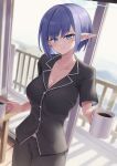  1girl absurdres alternate_costume aoi_(blue_archive) black_pajamas blue_archive blue_eyes blue_hair breasts cleavage coffee coffee_mug cup highres holding holding_cup looking_at_viewer mug pajamas pointy_ears short_hair smile solo_focus steam window yakishio 