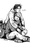  2boys arm_grab bara black_hair blonde_hair blush couple cris_art crossed_legs full_body greyscale happy head_on_head head_rest heart hood hoodie hulkling leaning_on_person long_sideburns long_sleeves male_focus marvel monochrome motion_lines multiple_boys short_hair sideburns sitting smile thick_eyebrows wiccan yaoi 