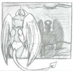  ambiguous_gender angel demon duo duo_focus feathered_wings feathers graphite_(artwork) group guardian horn humanoid membrane_(anatomy) membranous_wings monochrome protecting protective rear_view rendakobold shadow sleeping spade_tail stalking tail traditional_media_(artwork) wings wings_folded 
