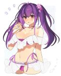  1girl bare_shoulders bikini bracelet breasts cleavage collarbone fate/grand_order fate_(series) flower food hair_between_eyes hair_flower hair_ornament highres ice_cream ice_cream_cone jewelry large_breasts long_hair looking_at_viewer microskirt navel open_mouth purple_bikini purple_hair red_eyes scathach_(fate) scathach_skadi_(fate) scathach_skadi_(swimsuit_ruler)_(fate) scathach_skadi_(swimsuit_ruler)_(first_ascension)_(fate) see-through skirt solo swimsuit twintails uxco0 