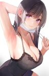  1girl arm_up armpits black_hair black_nightgown breasts cleavage closed_mouth highres huge_breasts inushima long_hair looking_at_viewer mask mask_pull mouth_mask nightgown original smile solo white_background 