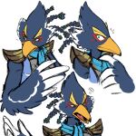  1boy beak bird_boy braid closed_mouth commentary english_commentary furry furry_male green_eyes highres male_focus multiple_views open_mouth revali rito shanzehpoo simple_background the_legend_of_zelda the_legend_of_zelda:_breath_of_the_wild white_background winged_arms wings 