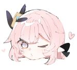  1girl blush closed_mouth commentary_request elf elysia_(honkai_impact) elysia_(miss_pink_elf)_(honkai_impact) hair_ornament head_only heart honkai_(series) honkai_impact_3rd long_hair looking_at_viewer nyayou_amanatto one_eye_closed pink_hair pointy_ears simple_background solo white_background white_eyes 