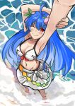  1girl ;) absurdres ahoge arms_up bikini blue_hair breasts cleavage closed_mouth commentary food-themed_hair_ornament full_body groin hair_ornament highres hinanawi_tenshi holding_own_arm large_breasts long_hair looking_at_viewer navel ocean one_eye_closed outdoors peach_hair_ornament rainbow_gradient red_eyes smile solo standing swimsuit touhou wading white_bikini yuuka_(a0240765) 