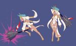  1girl barefoot_sandals blue_headwear blush breasts commentary_request concept_art covered_navel dark-skinned_female dark_skin detached_sleeves earrings egyptian egyptian_clothes eiyuu_senki eiyuu_senki_ww full_body hair_over_one_eye highleg highleg_panties holding holding_weapon hoop_earrings huge_weapon jewelry long_hair low_twintails m-da_s-tarou multiple_views official_art open_mouth panties parted_lips pelvic_curtain profile purple_eyes revealing_clothes sandals simple_background sketch skindentation small_breasts smile splatter swinging thighlet thutmose_(eiyuu_senki) twintails underwear usekh_collar weapon white_hair white_panties 
