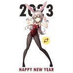  1girl 2023 ahoge animal_ears bare_arms bare_shoulders black_pantyhose bow bowtie brown_eyes chinese_zodiac commentary detached_collar flat_chest full_body grey_hair hair_between_eyes happy_new_year highres index_finger_raised legs_apart leotard looking_at_viewer male-female_symbol onii-chan_wa_oshimai! oyama_mahiro pantyhose playboy_bunny rabbit_ears rabbit_tail red_bow red_bowtie red_leotard simple_background smile solo spoken_symbol standing strapless strapless_leotard tail white_background wrist_cuffs year_of_the_rabbit yoooooon 