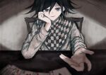  1boy :d arm_support black_eyes black_hair card chair checkered_clothes checkered_scarf danganronpa_(series) danganronpa_v3:_killing_harmony grey_jacket hair_between_eyes highres jacket long_sleeves male_focus oma_kokichi open_mouth playing_card scarf smile solo table upper_body wa_noko 