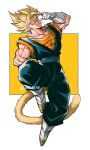  1boy absurdres arm_up artist_name biceps blonde_hair blue_eyes blue_pants blue_sash boots closed_mouth collarbone dougi dragon_ball dragon_ball_z earrings full_body gloves hand_on_own_hip highres jewelry leg_up looking_at_viewer male_focus monkey_tail muscular muscular_male orange_shirt pants pectorals potara_earrings relio_db318 sash shirt short_sleeves simple_background solo spiked_hair super_saiyan super_saiyan_1 tail twitter_username two-tone_background v-shaped_eyebrows vegetto veins white_background white_footwear white_gloves yellow_background 