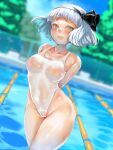  1girl arms_behind_back axe_r18 bare_shoulders black_ribbon blurry blurry_background blush bob_cut breasts cameltoe cloud collarbone commentary_request covered_navel cowboy_shot day dutch_angle eyelashes floating_hair green_eyes grey_hair hair_ribbon hairband highres konpaku_youmu looking_at_viewer medium_breasts nose one-piece_swimsuit outdoors pool raised_eyebrows ribbon see-through short_hair sky solo swimsuit touhou tree white_one-piece_swimsuit 