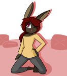  andromorph anthro blep bnuykass brown_body brown_fur clothed clothing dark_bottomwear fully_clothed fur hair hand_on_hip hi_res intersex kneeling lagomorph leporid mammal one_eye_closed pink_eyes ponytail rabbit rabbit_ears red_hair simple_background solo tongue tongue_out topwear yellow_clothing yellow_topwear 