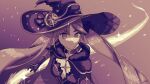  1girl artist_name breasts cape choker cleavage crescent detached_sleeves floating_hair fur-trimmed_cape fur_trim genshin_impact gerritch gloves hair_ribbon hat highres leotard long_hair looking_at_viewer mona_(genshin_impact) monochrome ribbon sepia signature solo sparkle star_(symbol) star_choker twintails upper_body witch_hat 