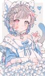  1girl bandaid bandaid_on_face blue_bow bow braid broken_heart cat_tail cross cross_necklace dress grey_eyes grey_hair hair_ornament heterochromia highres jewelry jikuno maid_headdress necklace off_shoulder original pink_eyes simple_background solo tail white_dress wrist_cuffs 
