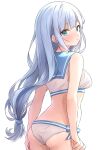  1girl :o absurdres alternate_costume aqua_eyes ass b1ack_illust blue_hair blush breasts commentary highres idolmaster idolmaster_million_live! long_hair looking_at_viewer looking_back low-tied_long_hair medium_breasts sailor_bikini sailor_collar sailor_swimsuit_(idolmaster) shiraishi_tsumugi simple_background solo very_long_hair white_background 