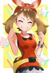  1girl arutarika_(ri_kaoekaki) blush border bow_hairband bracelet brown_hair closed_eyes commentary_request eyelashes facing_viewer fanny_pack grin hairband hands_up highres jewelry may_(pokemon) medium_hair pokemon pokemon_(game) pokemon_oras shirt shorts sleeveless sleeveless_shirt smile solo star_(symbol) teeth white_border yellow_background yellow_bag 