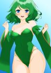  1girl absurdres aged_up blue_eyes blush breasts detached_sleeves final_fantasy final_fantasy_iv green_hair green_leotard highleg highleg_leotard highres leotard long_hair looking_at_viewer open_mouth rydia_(ff4) smile solo yuuyuu_(3jjbn) 