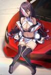  1girl black_hair boots breasts cleavage cleavage_cutout clothing_cutout commentary_request granblue_fantasy half_mask high_heel_boots high_heels highres jacket large_breasts long_hair mask mclaren mclaren_720s midriff miniskirt navel race_queen red_car rosamia_(granblue_fantasy) shirokuma_a sitting sitting_on_car skirt thigh_boots yellow_eyes zipper_pull_tab 