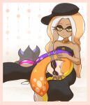  2girls bare_shoulders bibi_(splatoon) black_headwear blonde_hair border closed_eyes feet_out_of_frame green_eyes hat hat_removed headwear_removed lap_pillow long_hair mian_noodle multicolored_hair multiple_girls orange_hair pink_border purple_hair sleeping splatoon_(series) very_long_hair yoko_(splatoon) 