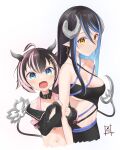  2girls absurdres ahoge bandeau belt belt_collar black_bandeau black_belt black_hair black_jacket blue_belt blue_eyes blue_hair blush bra breasts brown_eyes chest_belt closed_mouth collar collarbone commentary_request cropped_jacket curled_horns demon_girl demon_horns demon_tail fangs flat_chest flower grey_horns hair_between_eyes hair_flower hair_ornament hebiyoi_tier highres horns jacket large_breasts long_bangs long_hair long_sleeves looking_at_viewer medium_bangs midriff multicolored_hair multiple_girls nanashi_inc. navel off_shoulder oinomori_may open_mouth pink_bra pink_hair pointy_ears shiroi_toko sidelocks simple_background smile snake_bite tail two-tone_hair underwear upper_body very_long_hair virtual_youtuber white_background 