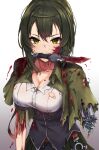  1girl amputee blood blood_on_breasts blood_on_clothes blood_on_face blood_on_knife blood_on_weapon breasts cleavage collarbone fang gradient_background green_hair green_jacket hasumushi highres jacket knife large_breasts looking_at_viewer mouth_hold original prosthesis prosthetic_arm shirt short_hair solo teeth torn_clothes torn_jacket torn_shirt upper_body upper_teeth_only v-shaped_eyebrows weapon white_background white_shirt yellow_eyes 