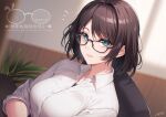  1girl aqua_eyes artist_name black-framed_eyewear breasts brown_hair chair collared_shirt dress_shirt glasses green_eyes highres indoors large_breasts milcho original parted_lips shirt short_hair signature sleeves_pushed_up solo upper_body white_shirt wing_collar 