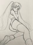  1girl ass athletic_leotard boots breasts from_behind legs leotard long_hair looking_at_viewer looking_back lying monochrome nanao_futaba numan_athletics on_side sharon_les_halles sketch solo thighhighs thighs twintails 