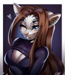  &lt;3 2023 absurd_res anthro blue_eyes border breasts brown_hair brown_inner_ear_fluff cleavage cleavage_cutout clothed clothing digital_media_(artwork) ear_piercing eyebrows eyelashes female hair hi_res inner_ear_fluff long_hair looking_at_viewer mammal markings mayrin_(artist) mrs._badger_(oldbadgerdad) one_eye_closed piercing pink_nose shaded simple_background solo striped_markings stripes tuft white_border wink winking_at_viewer 