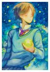  1boy artist_name blue_jacket blue_sweater blue_sweater_vest blue_vest border brown_hair closed_eyes closed_mouth clothes_around_waist cloud collared_shirt commentary english_commentary frown high_collar highres holding holding_star hoshi-pan jacket jacket_around_waist light_blush long_sleeves male_focus medium_bangs necktie night night_sky original painting_(medium) parted_bangs pink_necktie shirt short_hair sky solo star_(sky) star_(symbol) starry_sky sweater sweater_vest traditional_media upper_body v-neck vest watercolor_(medium) white_border white_shirt 