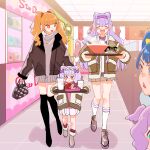  6+girls :&lt; :d aged_down aged_up aisaki_emiru bag black_footwear black_jacket blue_eyes blue_hair blunt_bangs boots bowl bright_pupils brown_hair brown_jacket casual closed_eyes closed_mouth commentary cone_hair_bun cup disposable_cup double_bun dress earrings ellee-chan frilled_hairband frills frown grey_dress grey_footwear grey_skirt hair_bun hair_tie hairband handbag highres hirogaru_sky!_precure holding holding_bag holding_tray hugtto!_precure indoors jacket jewelry long_hair long_sleeves looking_at_another medium_hair miniskirt monster_rally multiple_girls nijigaoka_mashiro open_clothes open_jacket open_mouth pink_hair pleated_skirt precure purple_eyes purple_hair purple_hairband red_eyes restaurant ruru_amour saliva series_connection shirt shoes skirt smile socks sora_harewataru sparkle standing sweater sweater_dress thigh_boots time_paradox tray twintails walking white_pupils white_shirt white_socks 