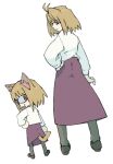  2girls :3 absurdres arcueid_brunestud ass black_pantyhose from_behind full_body hand_on_own_hip highres long_skirt medium_hair multiple_girls neco-arc pantsu-ripper pantyhose purple_skirt simple_background skirt standing sweater tsukihime white_background white_sweater 