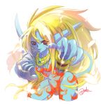  1girl animal_ears anzuni_(marblefrog) blonde_hair blue_skin breasts breath_of_fire breath_of_fire_ii colored_skin earrings highres jewelry long_hair looking_at_viewer open_mouth pointy_ears red_eyes rinpoo_chuan simple_background smile solo tail very_long_hair white_background 
